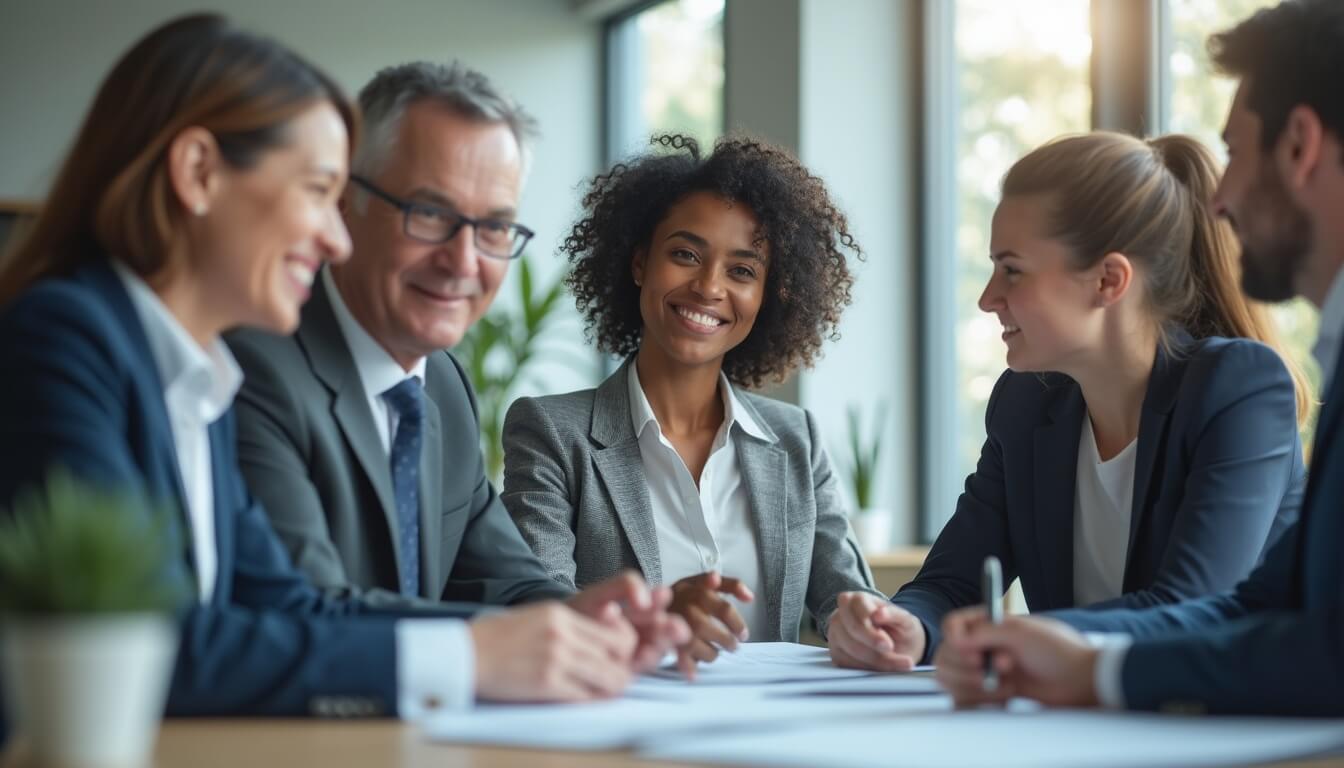 A group of five professionals in business attire sit around a table, smiling and engaged in a meeting in a bright office with large windows.