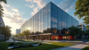 A modern glass office building reflecting the sky and trees, surrounded by landscaped greenery, wide walkways, and IT executives walking or sitting outside on a sunny day as they discuss how to implement scalable training programs.