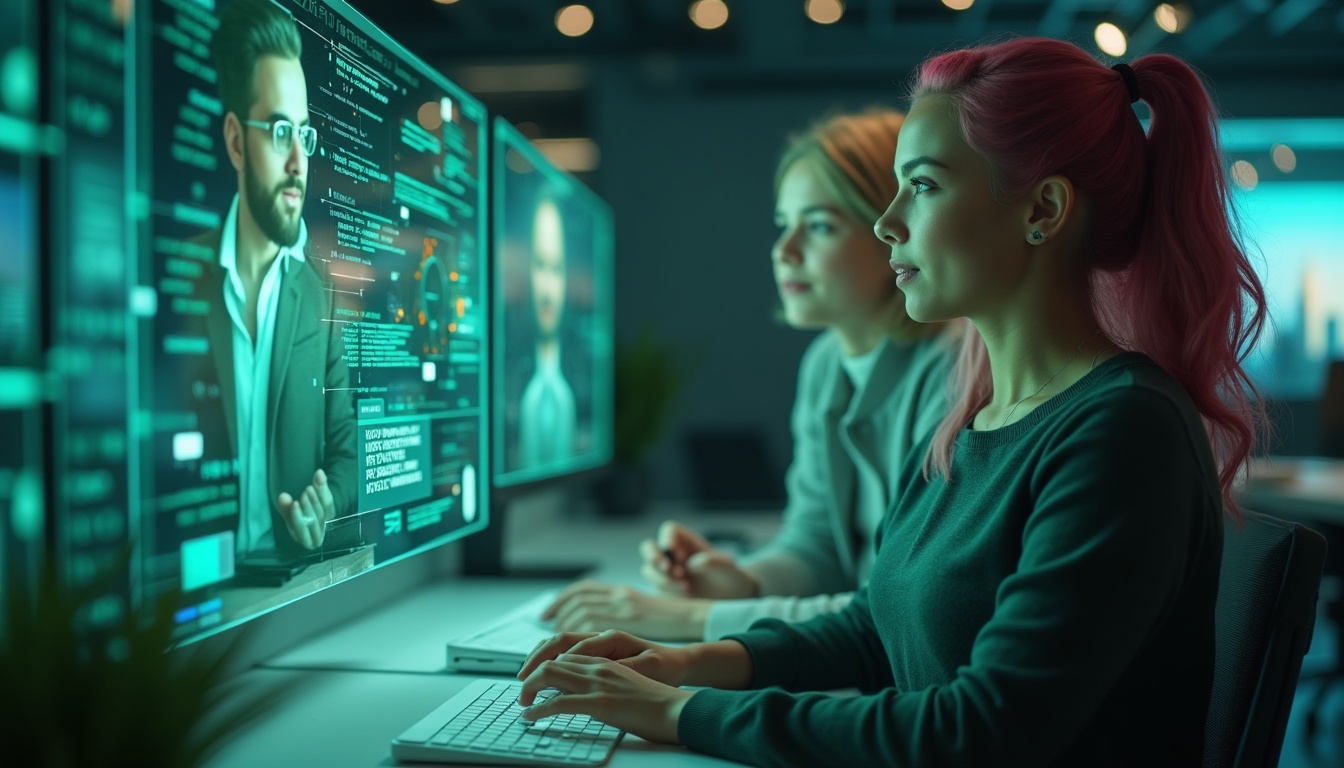 Two women work at computers with large screens displaying code and a video call with a man. The room is modern and dimly lit, suggesting a collaborative tech or programming environment.