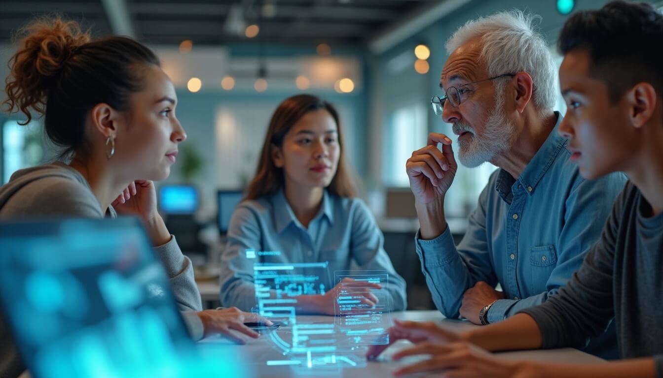 A group of four people sit around a table in a modern office, discussing data displayed as blue holographic charts and graphs, with focused expressions and computers visible in the background.