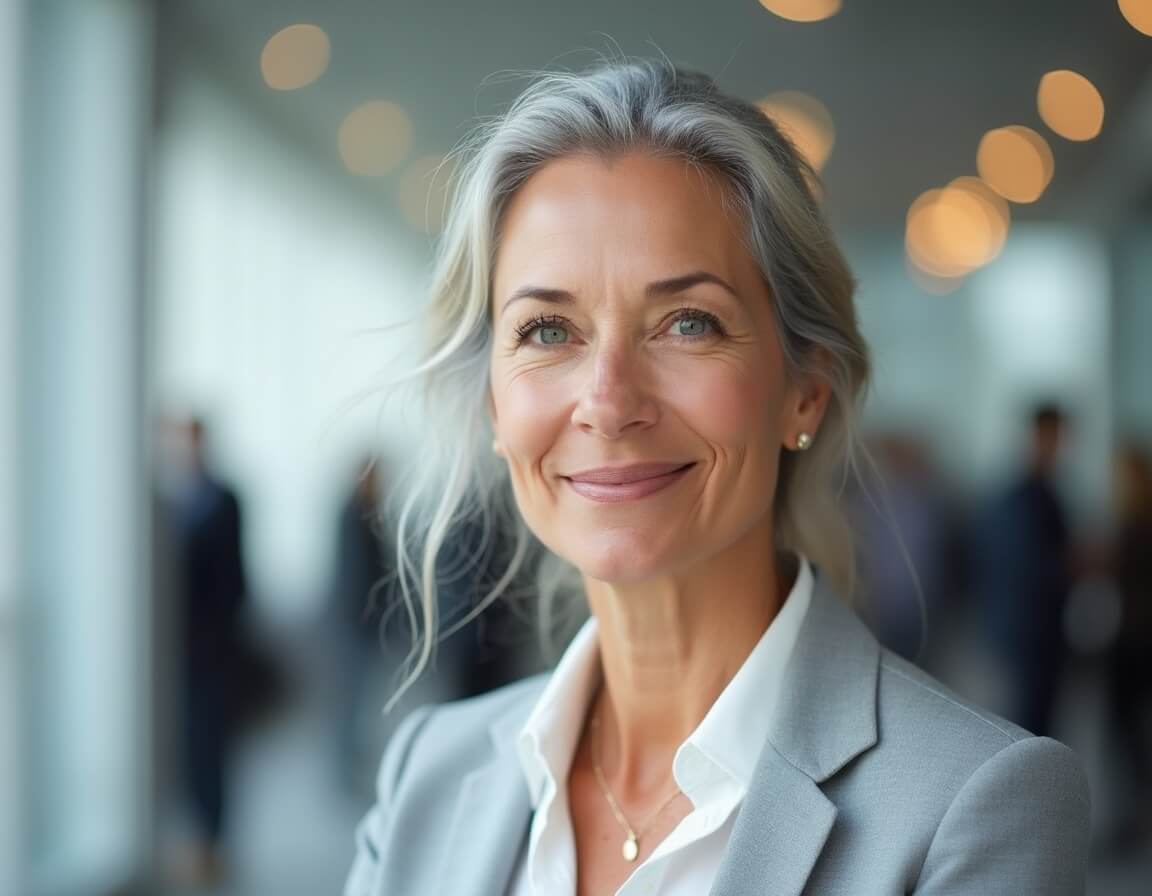 A smiling woman with gray hair wearing a light gray blazer and white shirt stands indoors with blurred people and lights in the background.