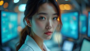 A young woman in a lab coat stands in front of multiple computer screens displaying data, looking confidently at the camera in a high-tech, softly lit environment.