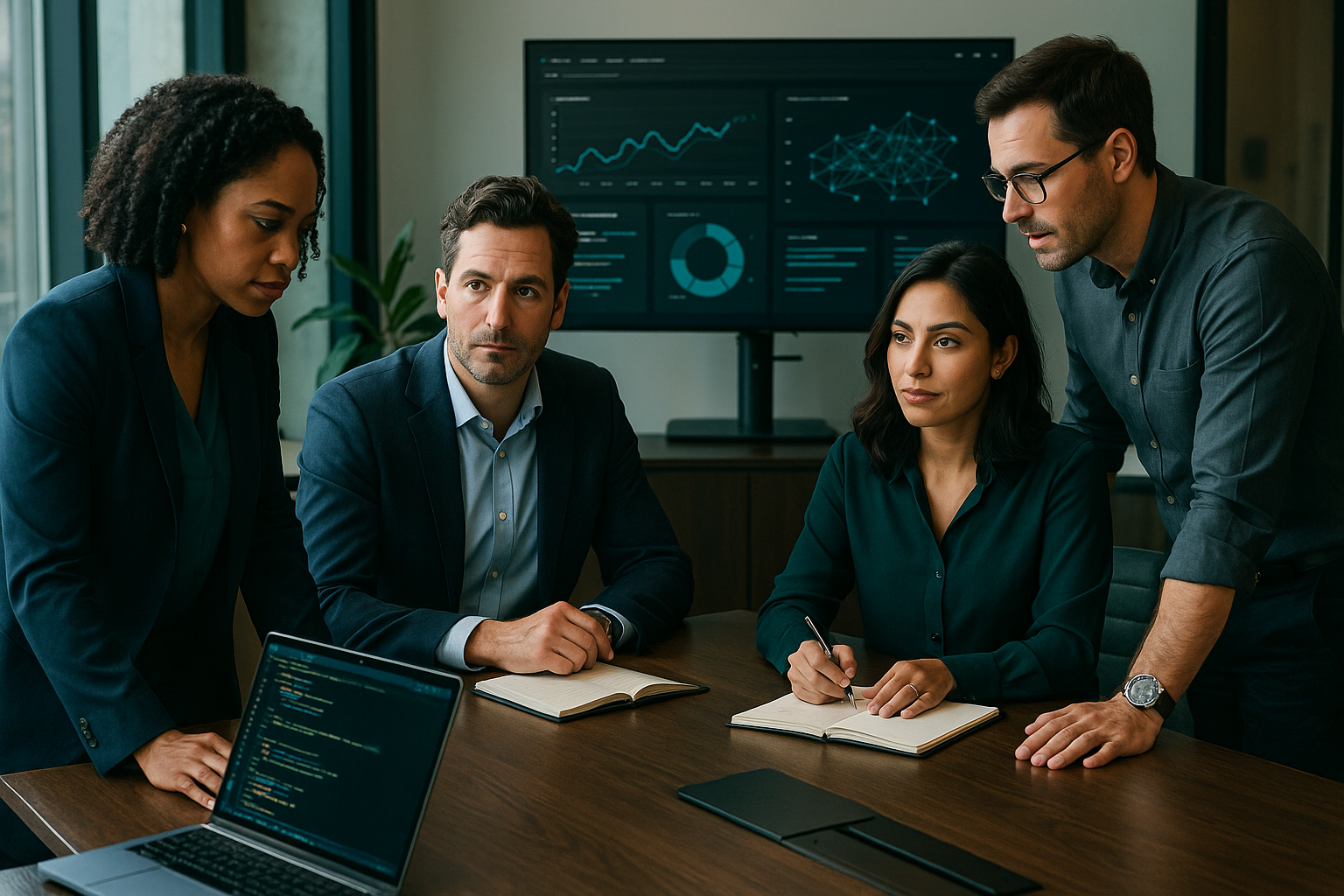 Executives and product leaders collaborating in an AI-native company with dashboards and strategic workflows