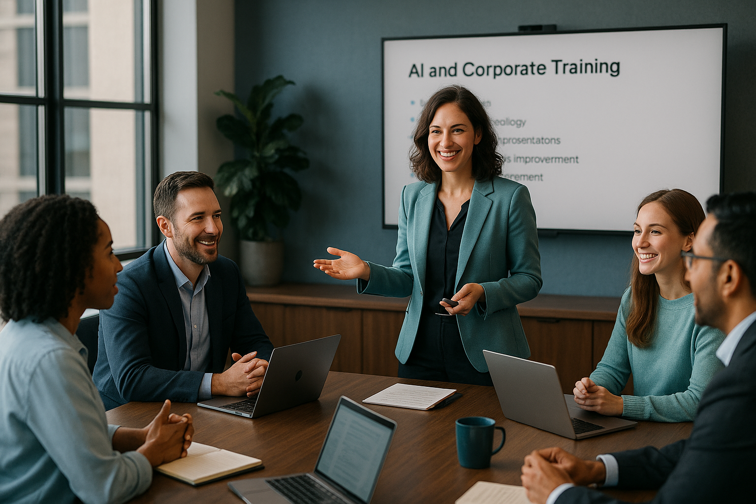 Business professionals in a modern AI corporate training session with collaborative learning and facilitation
