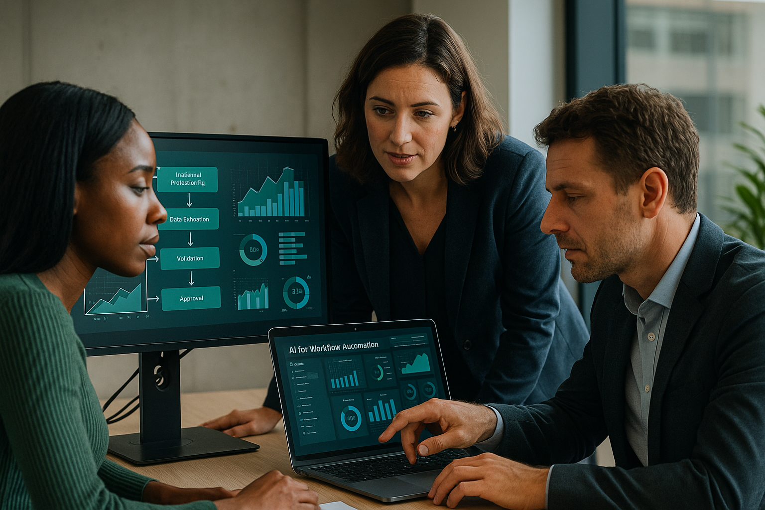 Business team using AI-powered workflow automation and connected operational systems