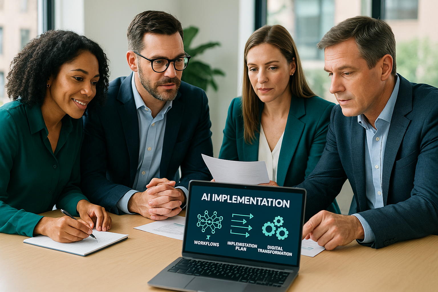 AI implementation strategy team in a modern business setting