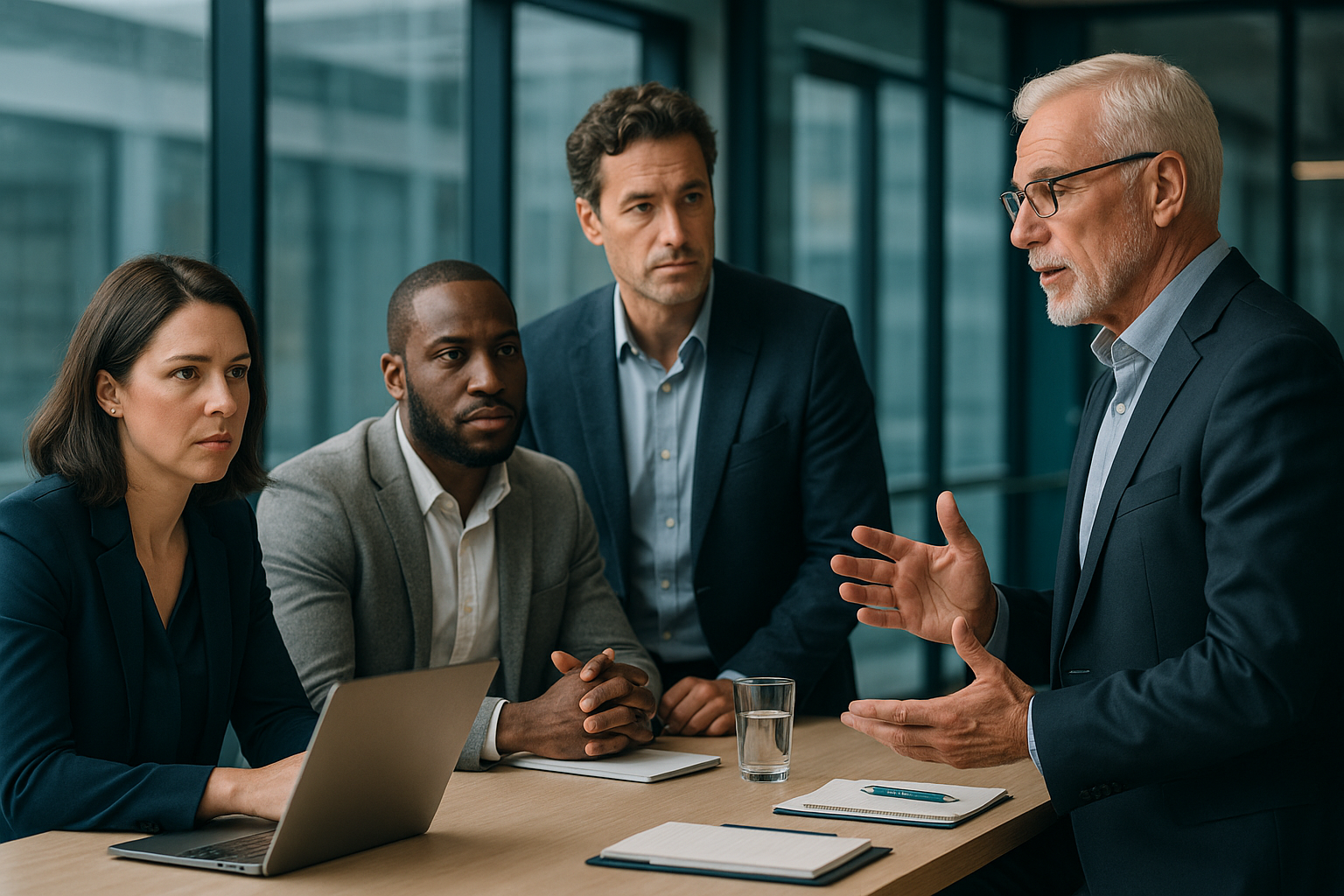 Business leaders planning AI implementation strategy in a collaborative meeting