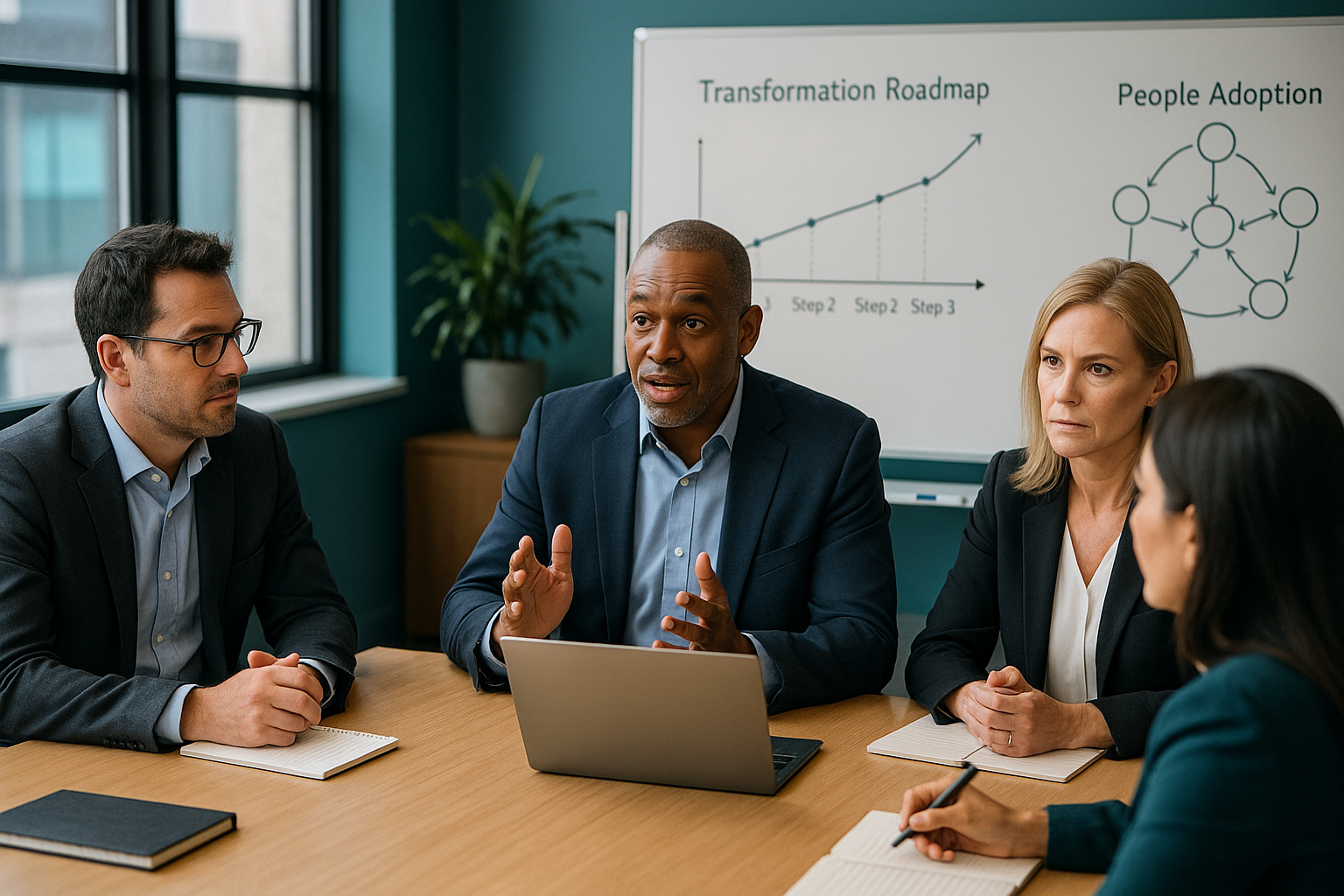 Executives and team leaders in an AI leadership coaching and digital transformation strategy session
