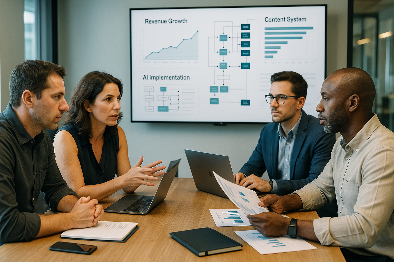 Founders and AI advisors reviewing dashboards, workflows, and automation systems in a business strategy session