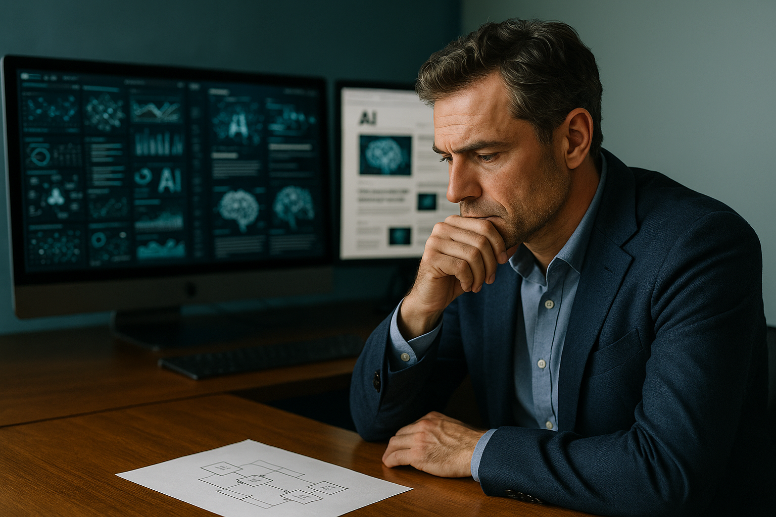 Founder stepping back from overwhelming AI dashboards to focus on strategy and execution