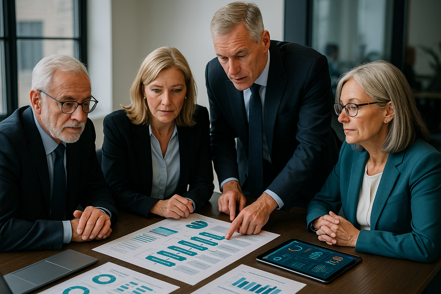 Executives in a strategy session planning AI transformation and business execution
