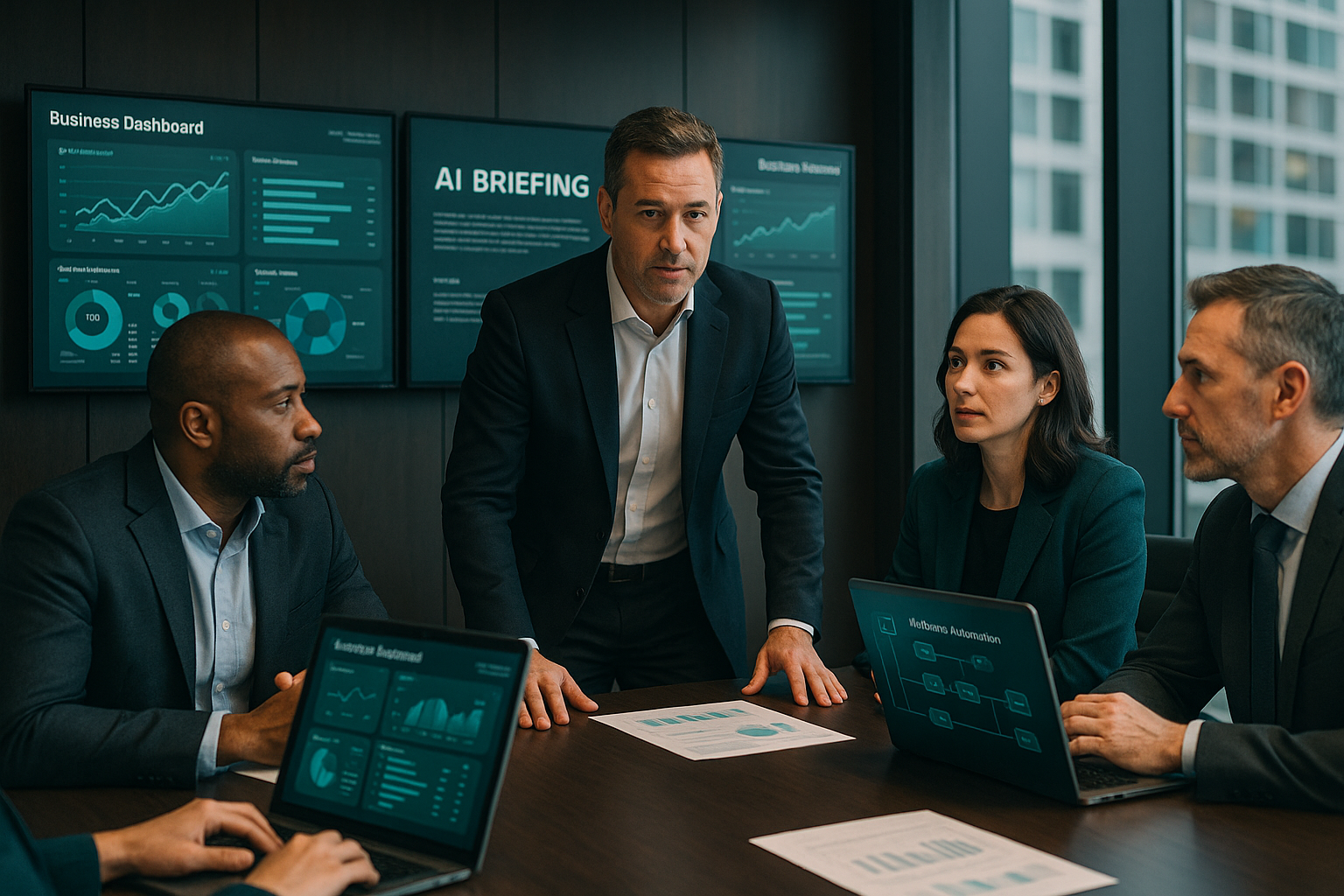 Founder and executive team using an AI operating system across multiple businesses in a modern workspace
