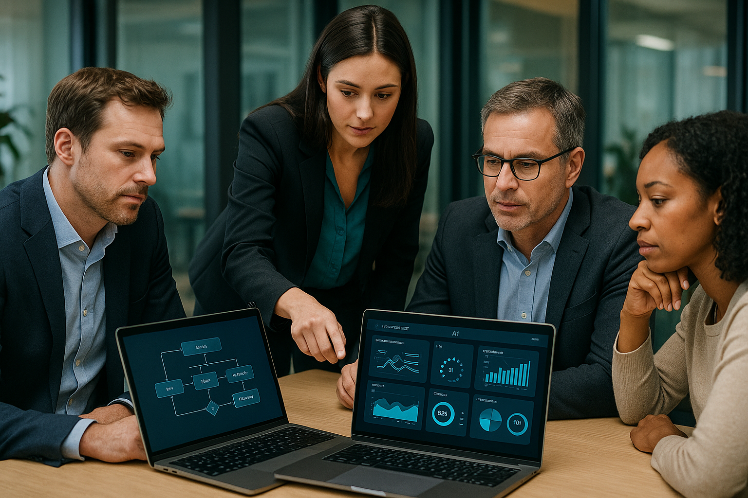 Founders and consultants reviewing AI operating systems, integrations, and business workflows in a modern workspace