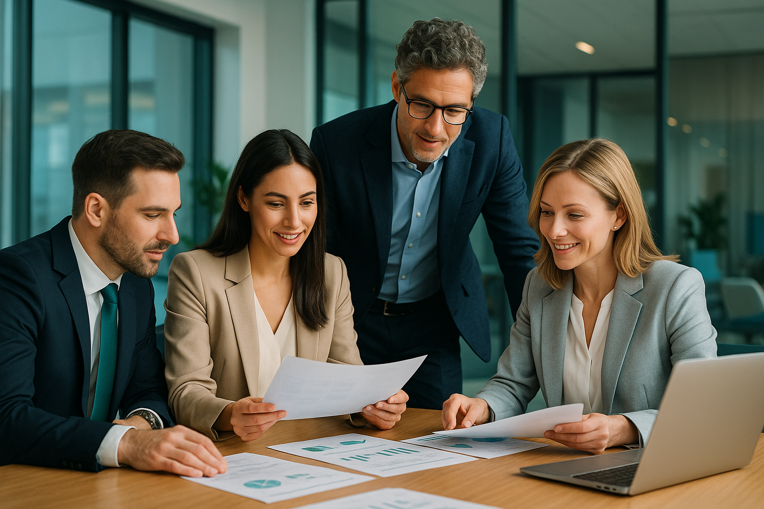Business strategy leaders reviewing software acquisition opportunities and digital transformation plans in a modern office