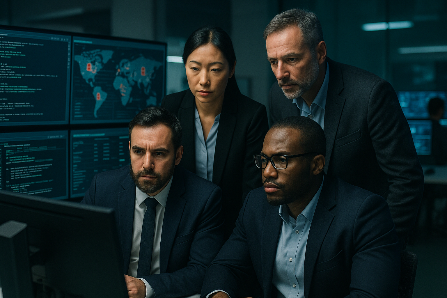 Cybersecurity analysts comparing advanced AI models in a modern enterprise operations environment