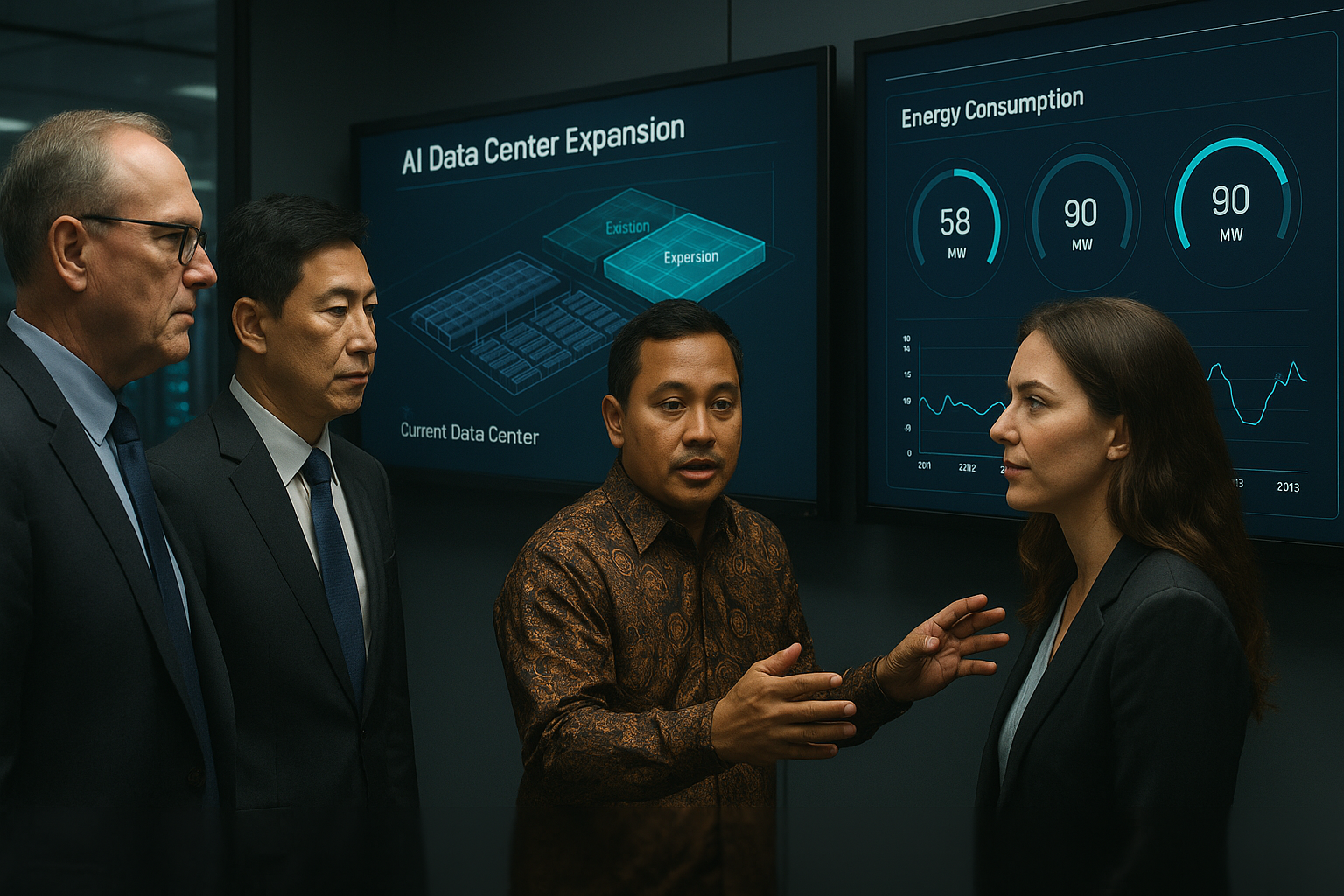 Business leaders reviewing large-scale AI data center expansion and infrastructure strategy in Asia