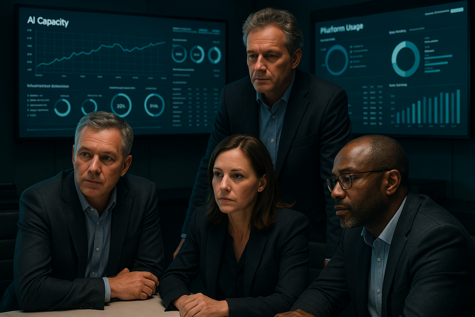 Technology executives reviewing AI capacity constraints and platform control in a modern enterprise setting