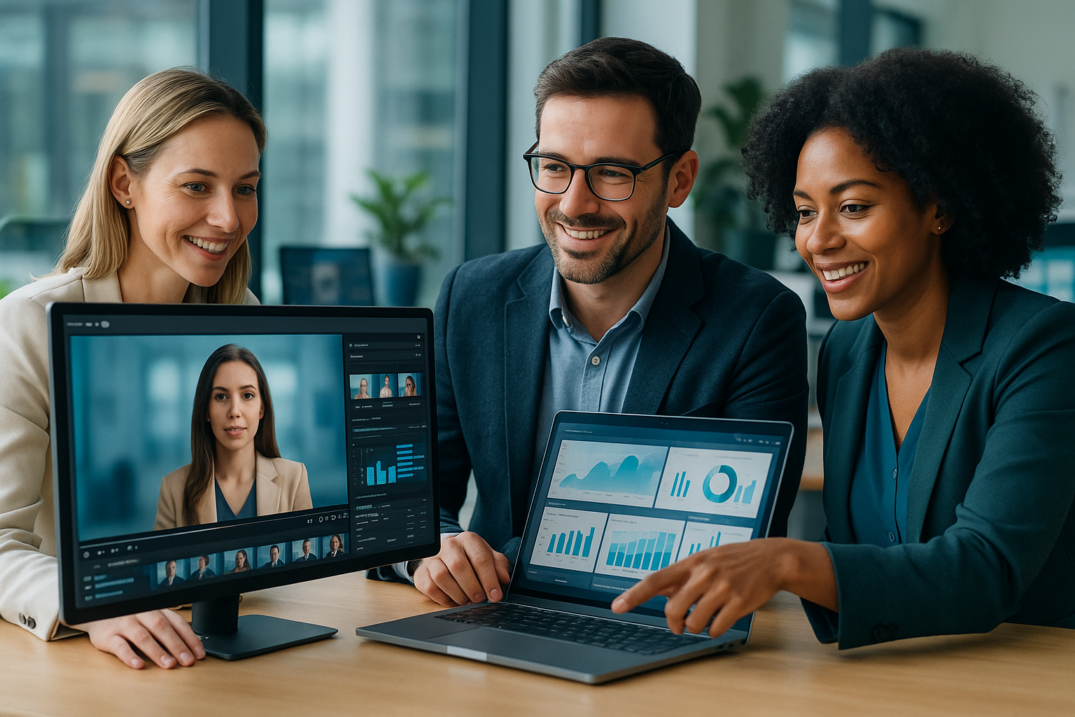 Business and marketing leaders reviewing AI video workflows and campaign performance in a bright modern office