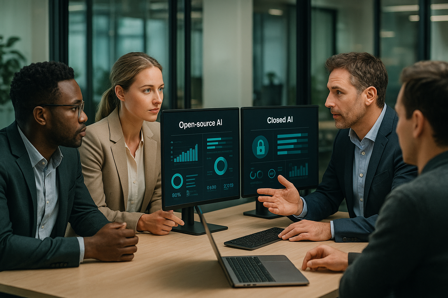 Business leaders and developers comparing open-source and closed AI systems in a modern strategy environment