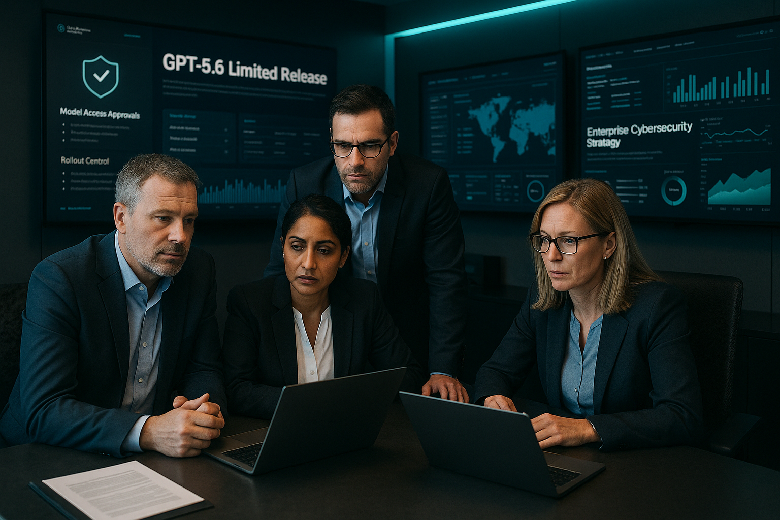 Executives and security leaders reviewing controlled access to an advanced AI model in a modern enterprise environment