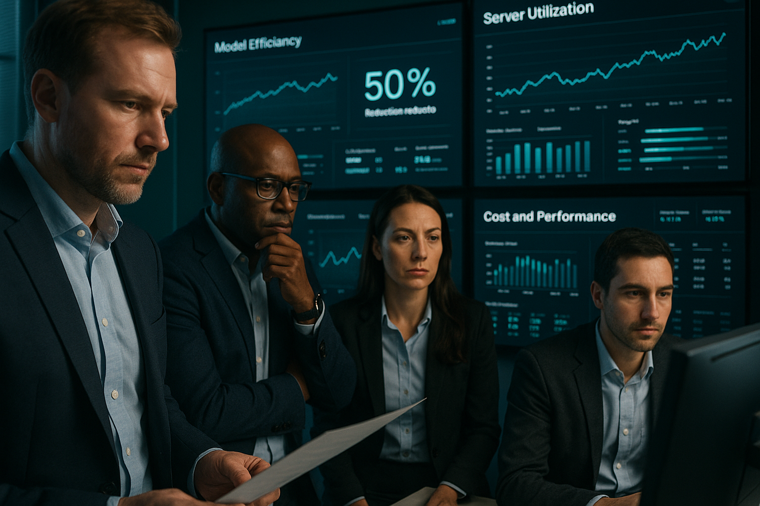 AI infrastructure leaders reviewing inference efficiency and cost optimization dashboards in a modern operations room