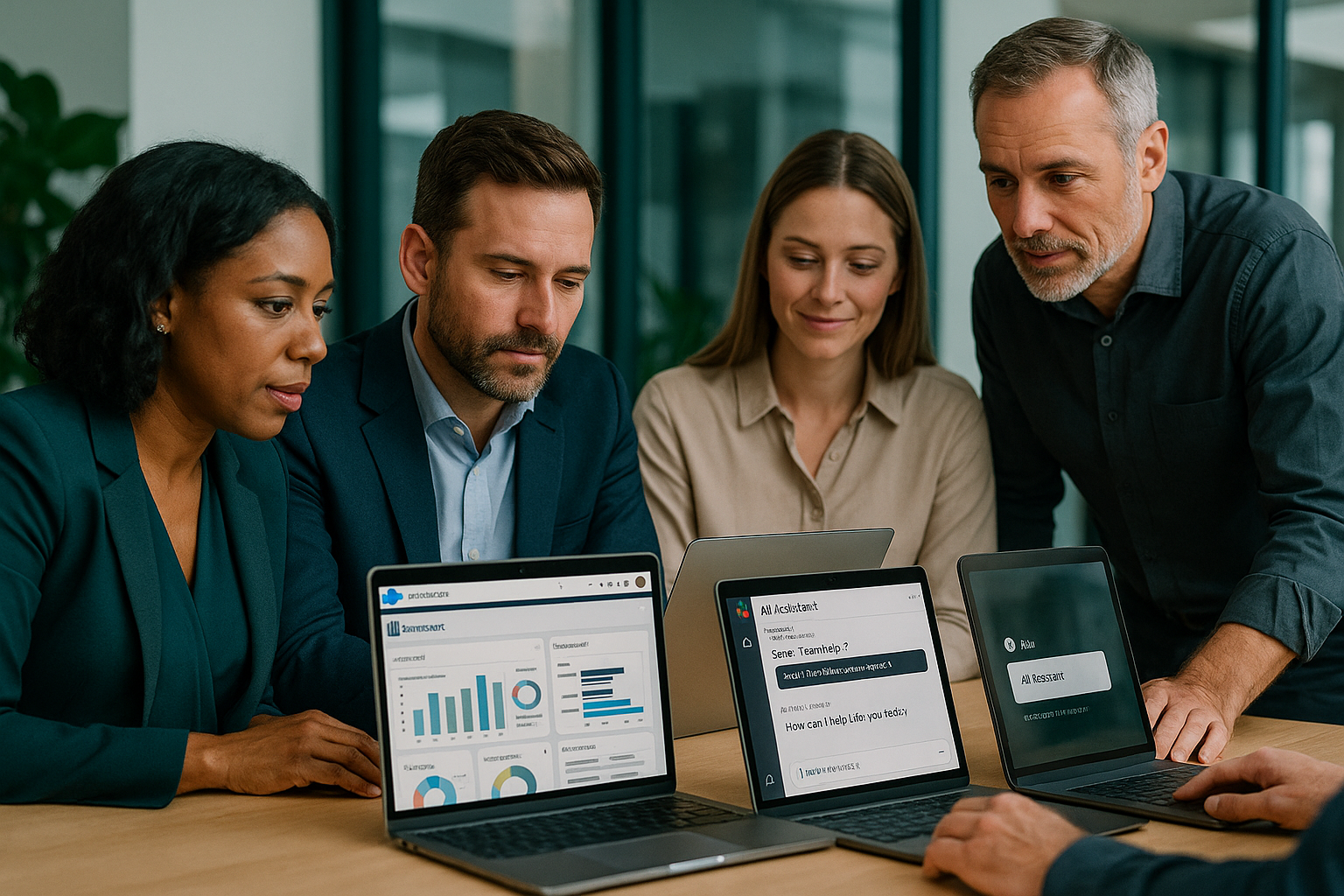 Enterprise software leaders reviewing AI agent workflows inside team collaboration tools
