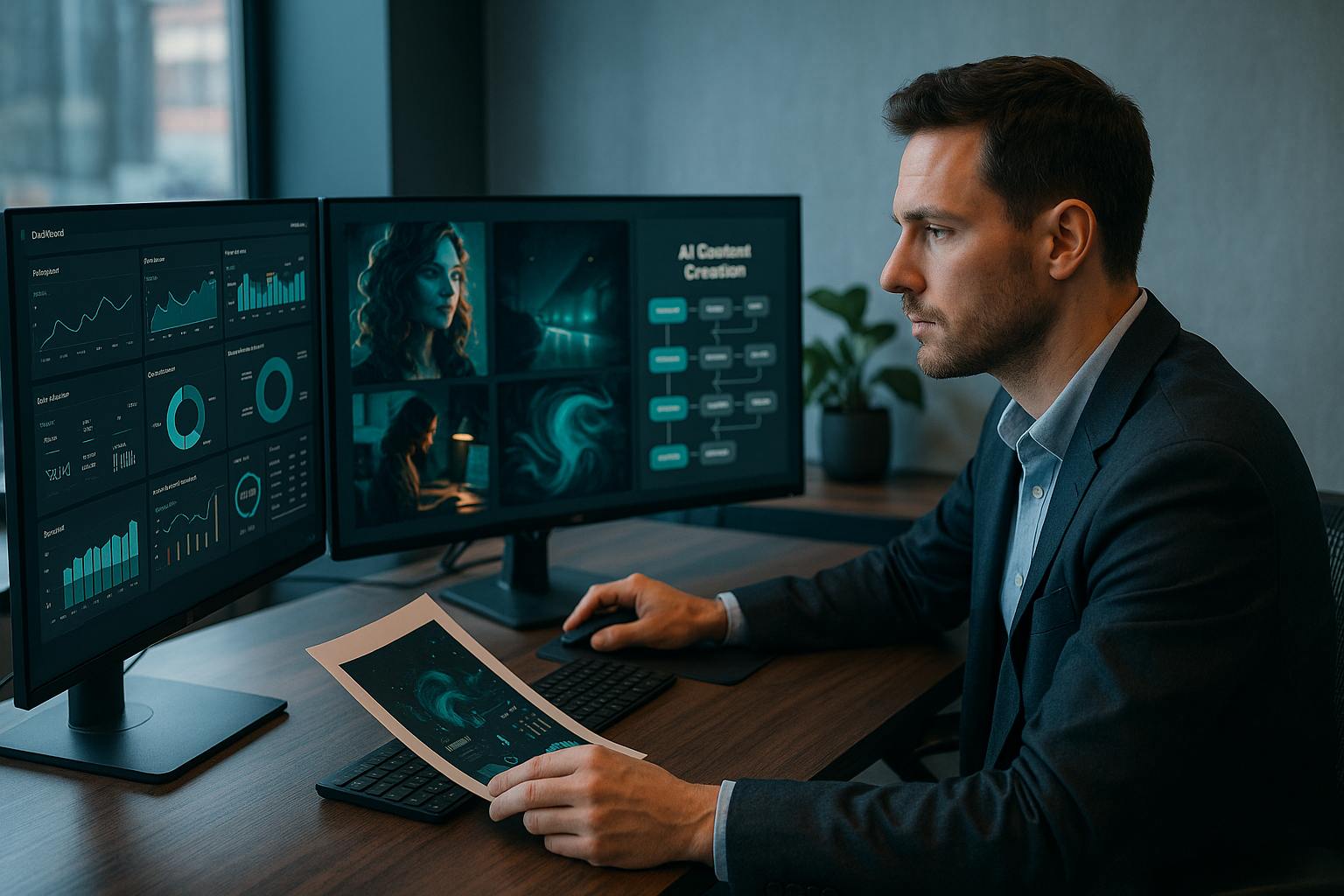 Founder running an AI-powered creative agency workflow with campaign dashboards and content systems