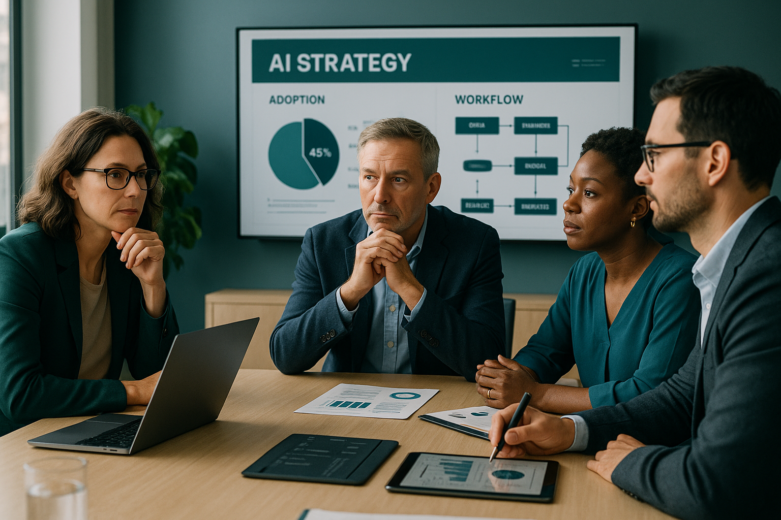 Executive team reviewing practical AI strategy for business adoption