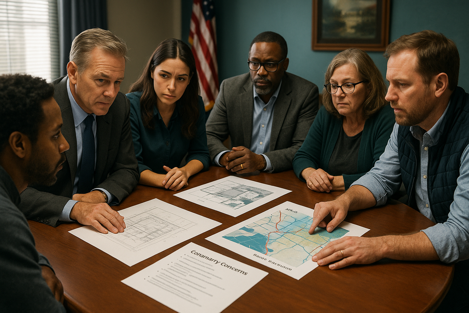 Community leaders and residents reviewing data center development plans and local infrastructure concerns