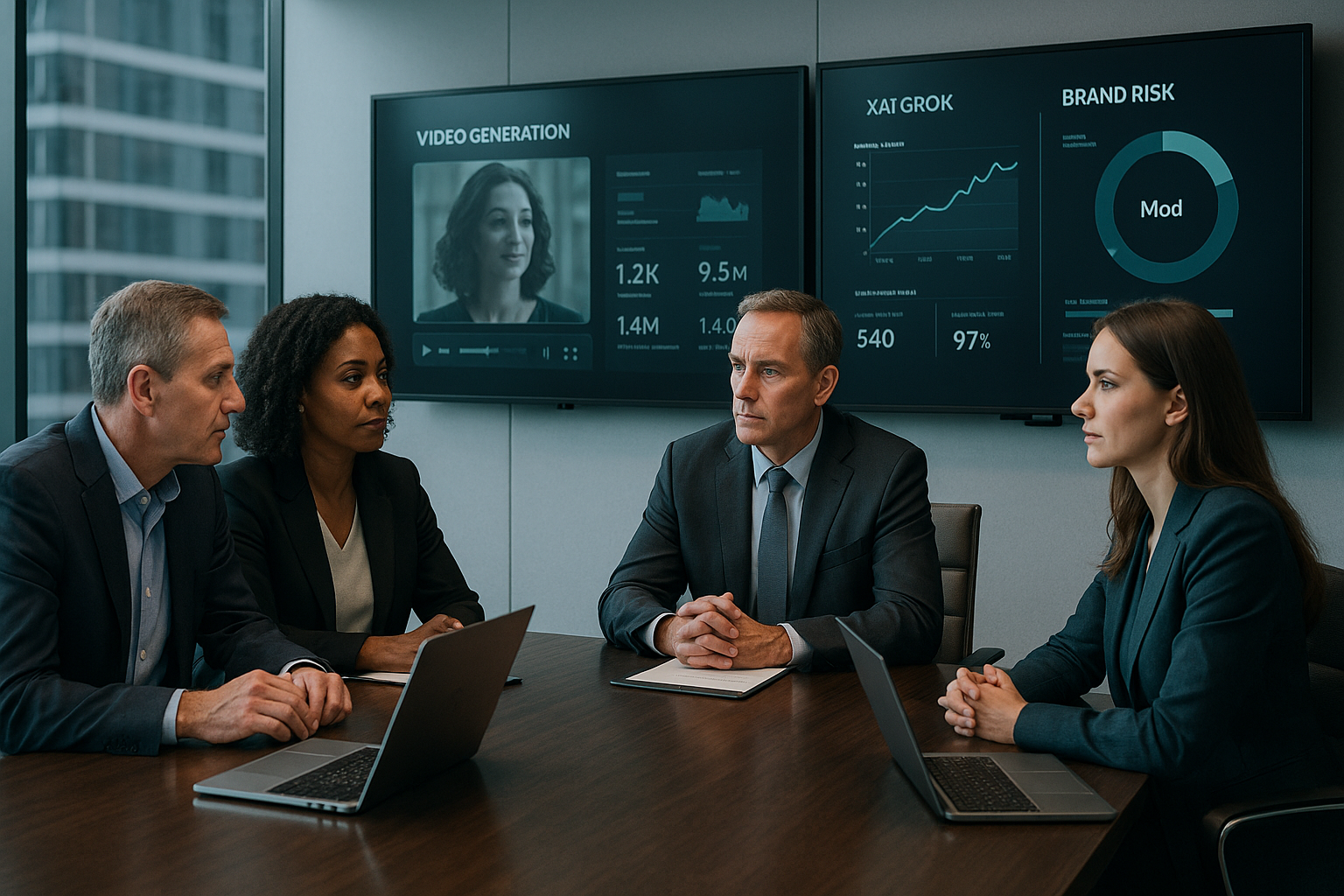 Executives reviewing AI video generation growth metrics and enterprise risk in a modern strategy setting
