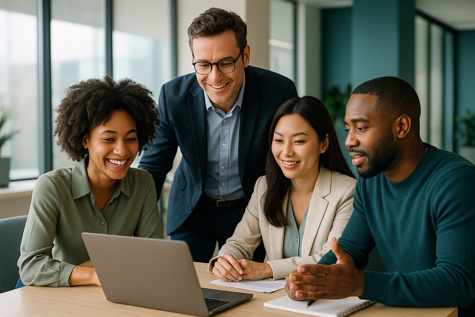 Business leaders guiding AI adoption and digital transformation in a bright modern office
