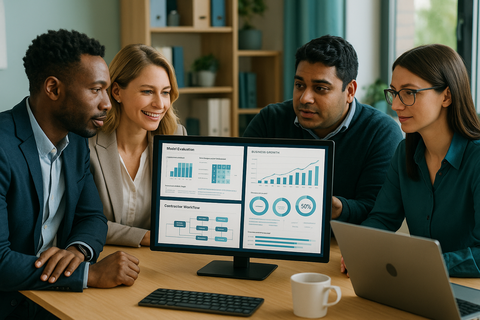 Business leaders reviewing AI model evaluation, quality assurance, and growth metrics in a bright modern office