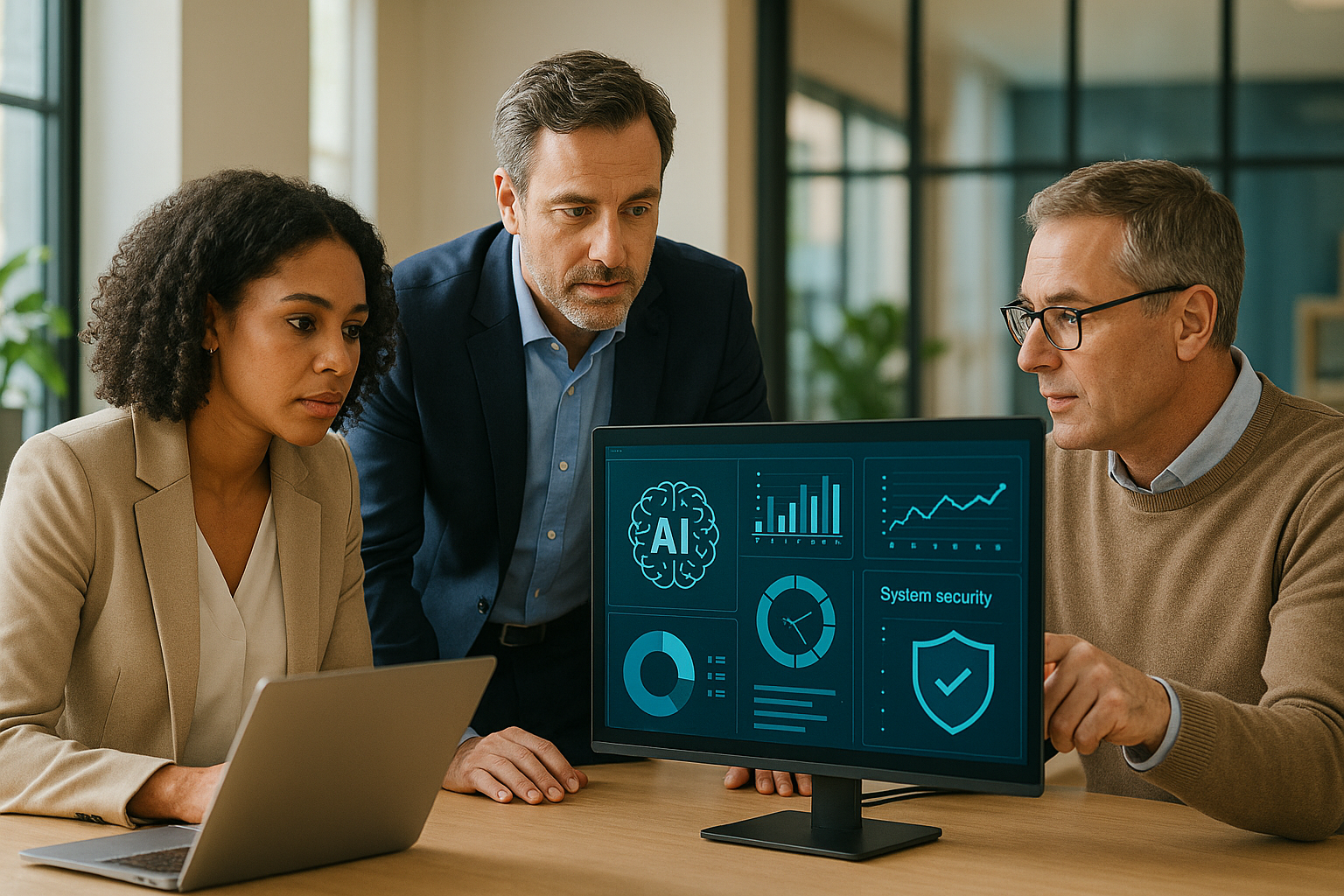 Business and cybersecurity leaders reviewing AI-powered defense strategy in a bright modern office