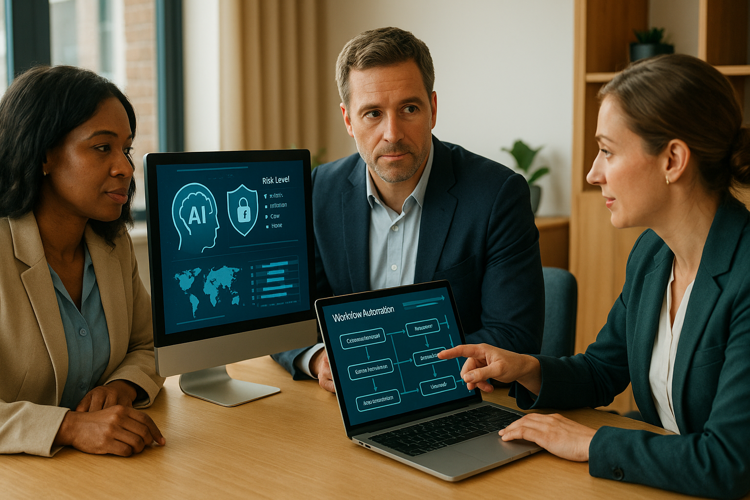 Business, cybersecurity, and legal operations leaders reviewing AI security and workflow automation in a bright modern office